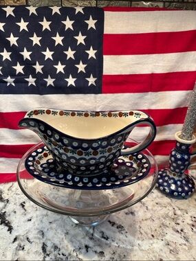 Blue Patterned Ceramic Gravy Boat with Saucer